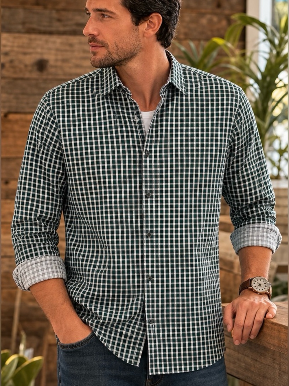 Green Check Button Down Shirt Mens M Casual Cotton Long Sleeve Classic Fit